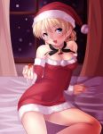  1girl arm_support bare_shoulders bed bell blonde_hair blue_eyes blush braid breasts christmas cleavage darjeeling detached_sleeves dress gift girls_und_panzer hat holding jewelry looking_at_viewer necklace nksk open_mouth red_dress santa_costume santa_hat short_dress short_hair shoulderless_dress sitting smile solo window 