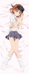  1girl bed_sheet blush brown_hair dakimakura grey_eyes head_mounted_display highres lying misaka_imouto navel school_uniform short_hair skirt smile_(rz) socks solo sweater_vest to_aru_majutsu_no_index 