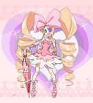  1girl blonde_hair blue_eyes boots bow closed_umbrella dress drill_hair earrings eyepatch hair_bow harime_nui jewelry kill_la_kill larcle long_hair pink_dress ribbon smile solo twin_drills twintails umbrella wrist_cuffs 