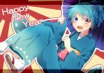  1girl blue_hair happy_new_year heterochromia japanese_clothes kimono letterboxed long_sleeves obi open_mouth oriental_umbrella sash smile solo tatara_kogasa touhou umbrella wide_sleeves yarawi 