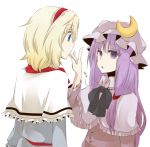  2girls alice_margatroid blonde_hair blue_dress capelet crescent dress finger_to_mouth hairband hat long_hair multiple_girls patchouli_knowledge purple_dress purple_hair sash simple_background touhou very_long_hair violet_eyes white_background yuuta_(monochrome) 