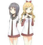  2girls akemi_homura arm_behind_back black_hair blonde_hair bow cosplay funami_yui funami_yui_(cosplay) hair_down hand_on_own_chest mahou_shoujo_madoka_magica multiple_girls sakuramocchi school_uniform serafuku tomoe_mami toshinou_kyouko toshinou_kyouko_(cosplay) yuru_yuri 