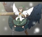  1girl arm_cannon black_hair black_legwear black_wings bow feathered_wings feathers gloves hair_bow long_hair navel open_mouth pcs_shousa radiation_symbol red_eyes reiuji_utsuho solo symbol-shaped_pupils touhou weapon wings 