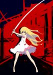  1girl absurdres bakemonogatari barefoot blonde_hair dress flat_chest highres huge_weapon johan_(johan13) katana monogatari_(series) orange_eyes oshino_shinobu slit_pupils solo sword weapon white_dress 