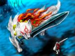  amaterasu dark_souls fire great_grey_wolf_sif magatama mouth_hold ogamiya_jin ookami_(game) parody sword weapon wolf 