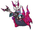  1girl bass_guitar blue_eyes fang fusion grin hair_bobbles hair_ornament homika_(pokemon) horns instrument kenchi monster_girl pokemon pokemon_(game) pokemon_bw2 scolipede smile solo striped topknot white_hair 