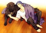  1boy animalization barefoot blue_hair command_spell cross cross_necklace dog fate/stay_night fate_(series) jewelry kotomine_kirei lancer long_hair necklace ponytail sexy44 