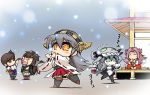  6+girls alcohol bare_shoulders black_hair bodysuit brown_hair cape chibi chili detached_sleeves hairband haruna_(kantai_collection) hisahiko japanese_clothes jun&#039;you_(kantai_collection) kaga_(kantai_collection) kantai_collection long_hair multiple_girls nagato_(kantai_collection) open_mouth pale_skin personification purple_hair red_eyes sake shinkaisei-kan side_ponytail silver_hair snowing star star-shaped_pupils symbol-shaped_pupils thighhighs wo-class_aircraft_carrier 