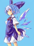  1girl blue_background blue_eyes blue_hair bow cirno dress hair_bow highres nu_ma pointy_ears short_hair simple_background sketch solo touhou wings 