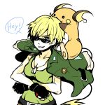  1girl animal_on_shoulder blonde_hair blue_eyes breasts cleavage dog_tags fingerless_gloves genderswap gloves grin holding holding_poke_ball jacket_on_shoulders machisu_(pokemon) military poke_ball pokemon pokemon_(game) raichu seo_kichi short_hair smile sunglasses sunglasses_on_head tank_top 