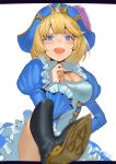  1girl awilda blonde_hair blue_eyes boots cleavage_cutout foreshortening hand_on_hip hat jyon letterboxed looking_at_viewer mole open_mouth pirate pirate_hat puzzle_&amp;_dragons smile solo 