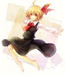  1girl ascot barefoot blonde_hair hair_ribbon long_sleeves open_mouth outstretched_arm red_eyes ribbon rumia shirt skirt skirt_set smile solo suzuna_(mark_of_luck) touhou vest 