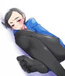  1girl black_hair blazer embarrassed idolmaster idolmaster_cinderella_girls kawaty legs lying matsuo_chizuru on_side pantyhose short_hair solo 