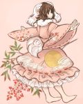  1girl adapted_costume animal_ears barefoot brown_hair bunnysuit dress floral_print inaba_tewi inazakura00 long_sleeves looking_at_viewer looking_back outstretched_arms pink_background pink_dress rabbit_ears red_eyes solo touhou wide_sleeves 