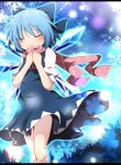  1girl blue_dress blue_hair blush bow cirno closed_eyes do_(4-rt) dress embellished_costume hair_bow hands_on_own_chest highres ice ice_wings letterboxed puffy_sleeves scarf shirt short_sleeves smile solo touhou wings 