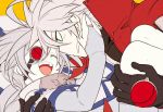  1boy 1girl :d ahoge blazblue bodysuit cape carrying eyepatch kuro_yuzu nu-13 open_mouth princess_carry ragna_the_bloodedge silver_hair smile 