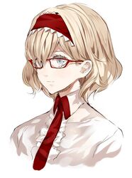  1girl alice_margatroid alternate_costume bespectacled blonde_hair blue_eyes covering_one_eye frills glasses hairband kozou_(soumuden) lolita_hairband portrait red-framed_glasses shirt short_hair simple_background solo touhou white_background white_shirt 