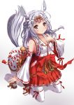  1girl animal_ears bell blush breasts centaur chaki-yam cleavage detached_sleeves horse_ears japanese_clothes jingle_bell long_hair long_sleeves miko monster_girl original red_eyes ribbon_trim silver_hair smile solo tail thighhighs white_legwear wide_sleeves 