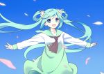  1girl floating_hair green_eyes green_hair hatsune_miku long_hair open_mouth outstretched_arms petals sailor_collar solo spread_arms twintails very_long_hair vocaloid 