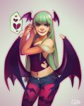  bridal_gauntlets capcom casual demon_girl earrings fur_trim geneva_b green_hair head_wings jewelry lips long_hair morrigan_aensland nose pantyhose short_shorts shorts smile succubus vampire_(game) 