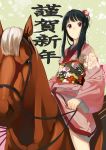  black_hair flower hair_flower hair_ornament highres horse horseback_riding japanese_clothes kagematsuri kimono long_hair obi original pink_eyes reins sitting 