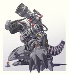  blue_eyes cable cannon claws cross-section digimon hat highres kazkazkaz mecha monster mugendramon no_humans red_eyes robot seirenmon sharp_teeth size_difference tail talons wire 