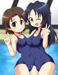  2girls asymmetrical_docking blue_eyes blue_hair blue_swimsuit blush breast_press brown_eyes brown_hair girls_und_panzer hug isobe_noriko long_hair looking_at_viewer multiple_girls one-piece_swimsuit open_mouth pool pose sanaemaru school_swimsuit short_hair smile standing swimsuit v wink yamagou_ayumi 