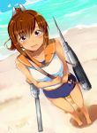  1girl a.nori beach brown_eyes brown_hair gun i-401_(kantai_collection) kantai_collection personification ponytail school_swimsuit short_hair standing swimsuit weapon 