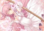  1girl bow bow_(weapon) breasts cleavage dress euforia feathers gloves goddess_madoka hair_bow hair_ribbon kaname_madoka long_hair magical_girl mahou_shoujo_madoka_magica outstretched_arm pink_hair ribbon smile solo spoilers twintails two_side_up weapon wings wink yellow_eyes 