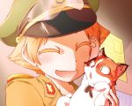  1girl blonde_hair cat close-up closed_eyes collar erwin face girls_und_panzer goggles hariyaa hat holding jacket military military_uniform open_mouth peaked_cap short_hair smile tears uniform 