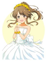  1girl :d bare_shoulders brown_hair dress flower idolmaster idolmaster_cinderella_girls long_hair open_mouth ponytail smile solo takamori_aiko toufuu white_dress yellow_eyes 