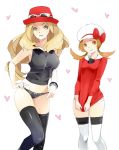  2girls black_legwear black_panties blonde_hair breasts brown_eyes brown_hair green_eyes hat heart kotone_(pokemon) multiple_girls no_pants panties pokemon pokemon_(game) pokemon_hgss pokemon_xy serena_(pokemon) shirt_tug small_breasts sunglasses sunglasses_on_head thighhighs tribute twintails underwear white_legwear white_panties 