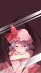  1girl against_glass bat_wings fang_out hat hat_ribbon highres knees_to_chest lavender_hair leg_hug looking_at_viewer mob_cap pout puffy_short_sleeves puffy_sleeves purple_background red_eyes remilia_scarlet ribbon short_hair short_sleeves shuzi sitting skirt skirt_set solo tears touhou wings 