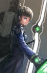  1boy 1girl blue_eyes gauntlets grey_hair katana kfr original science_fiction short_hair sword weapon 