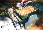  2girls bare_shoulders bat_wings blue_hair chair dress instrument izayoi_sakuya maid maid_apron maid_headdress multiple_girls musical_instrument no_hat no_headwear piano red_eyes remilia_scarlet short_hair silver_hair text touhou wings 