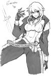  1girl belt breasts chain_necklace character_name cropped_jacket facial_tattoo faulds gloves jacket jjune large_breasts mole monochrome original pants sketch skindentation solo sword tattoo weapon 