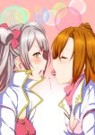  2girls blush bow brown_hair candy clearite hair_bow highres kousaka_honoka long_hair love_live!_school_idol_project minami_kotori mouth_hold multiple_girls open_mouth short_hair side_ponytail yuri 