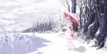  1girl blue_hair cloudy.r dress frozen hat highres lake red_eyes remilia_scarlet snow solo touhou umbrella 