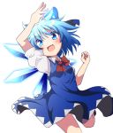  1girl arm_up blue_dress blue_eyes blue_hair bow cirno do_(4-rt) dress fang hair_bow highres ice ice_wings open_mouth puffy_sleeves shirt short_sleeves simple_background smile solo touhou white_background wings 