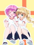  2girls bike_shorts blonde_hair fang green_eyes minato_tomoka misawa_maho multiple_girls oxchu pink_eyes pink_hair rou-kyuu-bu! tickling twintails 