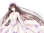  1girl absurdly_long_hair breasts brown_hair dress elbow_gloves gloves hiroharu large_breasts long_hair simple_background solo very_long_hair white_background 