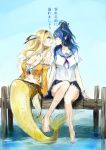  2girls amber_eyes blonde_hair blue_eyes blue_hair breasts clouds eye_contact incipient_kiss jewelry large_breasts legs looking_at_another mermaid monster_girl multiple_girls navel necklace original otogi_(s_in_w) pier school_uniform translation_request wet yuri 