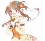  1girl :d brown_eyes brown_hair detached_sleeves flower hair_flower hair_ornament idolmaster idolmaster_cinderella_girls jewelry long_hair microphone mirano1211 necklace open_mouth ponytail smile solo takamori_aiko 