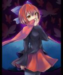  1girl aura blouse blue_legwear bow breasts cape covering_mouth eyelashes fingernails hair_bow hand_to_own_mouth head_tilt leaf leaf_background looking_at_viewer nail_polish pantyhose purple_background red_eyes redhead richard sekibanki short_hair skirt sleeves_past_wrists solo touhou 