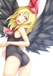  1girl ass black_wings blonde_hair blush gennsuikyou highres looking_back open_mouth red_eyes ribbon rumia school_swimsuit short_hair simple_background solo swimsuit touhou white_background wings 