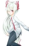  1girl blush bow fujiwara_no_mokou hair_bow hair_over_one_eye hair_ribbon highres long_hair matsura_(nagatosan) necktie pants red_eyes ribbon shirt solo touhou very_long_hair white_hair 