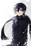  1boy black_eyes black_hair coat highres jianmo_sl kirito male scarf short_hair smile snow sword_art_online 