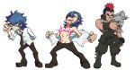  3boys adjusting_glasses black_hair blue_eyes blue_hair boots dual_persona fabulous glasses gun kill_la_kill kinagase_tsumugu knee_boots male messy_hair mikisugi_aikurou mohawk multicolored_hair multiple_boys pants redhead shirt shirtless shoes sin.t.k tan two-tone_hair vest weapon white_background 