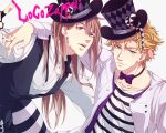  2boys blonde_hair blue_eyes bowtie brown_hair caesar_anthonio_zeppeli cigarette fingerless_gloves gloves green_eyes gyro_zeppeli hat jojo_no_kimyou_na_bouken long_hair multiple_boys sara666 scarf shirt steel_ball_run striped striped_pants striped_shirt top_hat vest waistcoat 