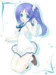  1girl :d blue_eyes blue_hair dress hiradaira_chisaki long_hair nagi_no_asukara nekosimaneko open_mouth ribbon school_uniform serafuku side_ponytail smile solo 